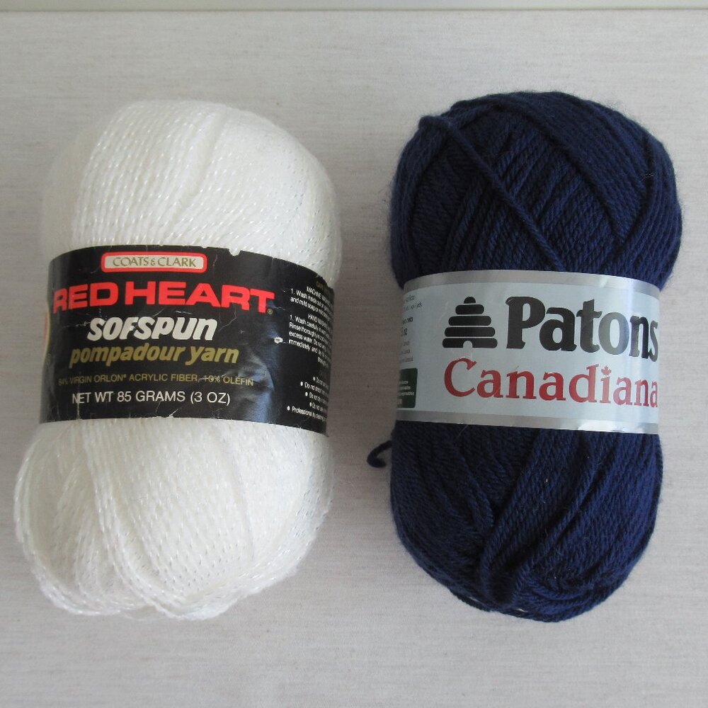 Patons Canadiana, Red Heart Sofspun Pompadour Yarn, Lot of 2 skeins, Navy White